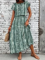 Plus Size Women's Dark Green Tie-Dye Pattern Crop Top & Maxi Skirt 2-Piece Set - Boho Casual Vacation/Daily Style (0XL-4XL) - Image 4