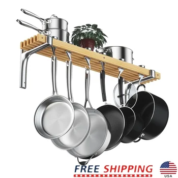 Wall Mounted Wooden Pot Rack Space Saving Kitchen Organizer with Rotating Hooks Heavy Duty Cast Aluminum Bracket Shelf Storage