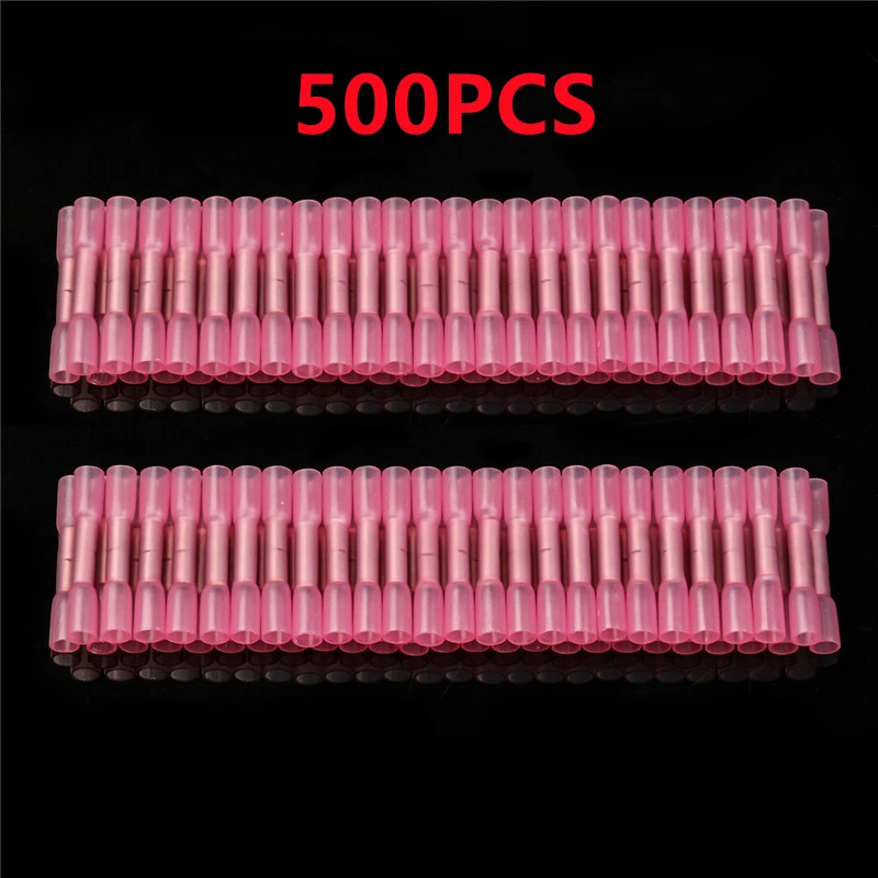 Tanie 100/500pcs czerwony 22-18 AWG termokurczliwe Butt Cable Wire Crimp Connector 0.5-1.5mm 2