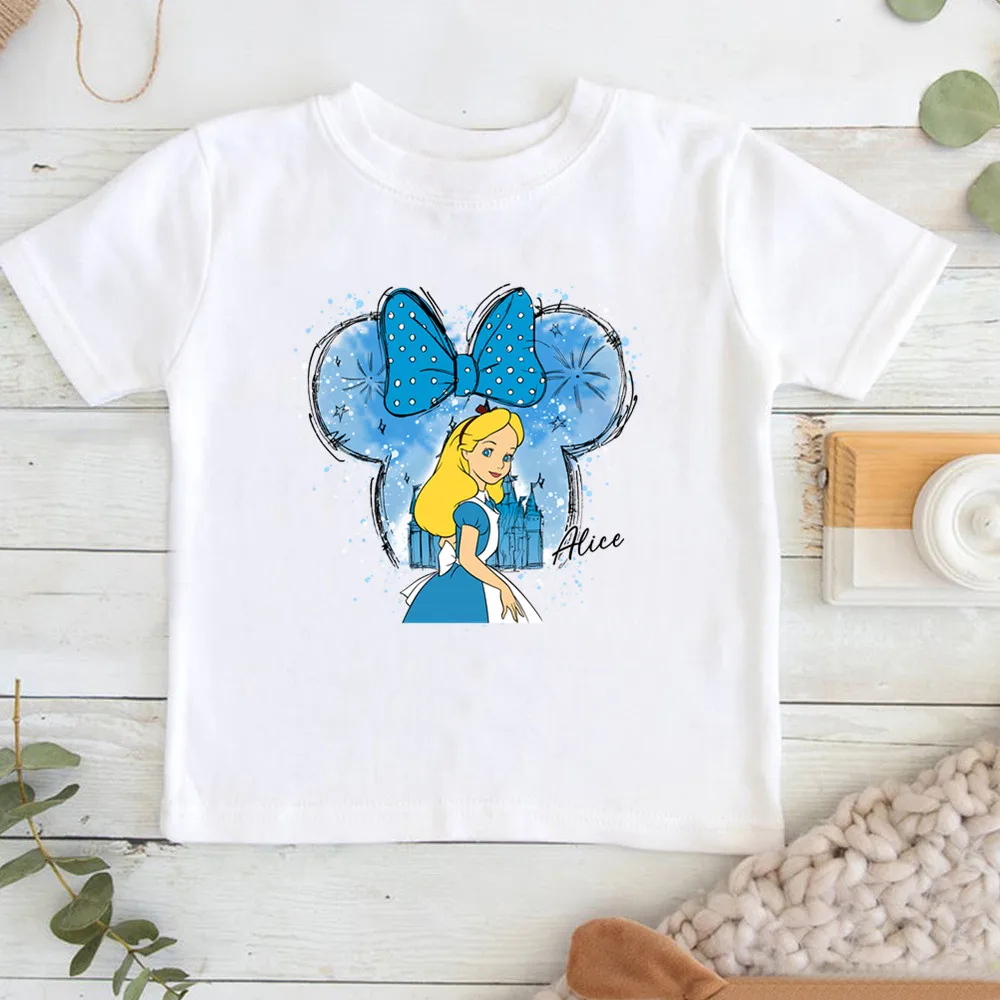Cartoon Disney Princess Print T-shirts for Children Summer Cotton Short Sleeve Children Clothes Girl Tops 4