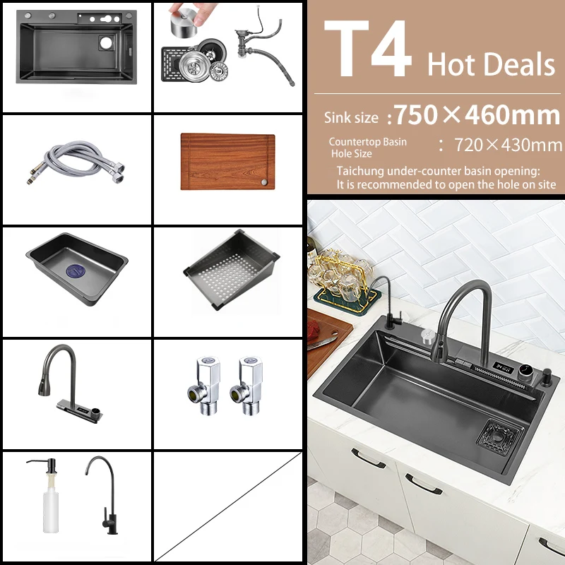 Kitchen Sink Stainless Steel Topmount Water Tank Large Single Slot Wash Basin With Multifunction Touch Waterfall Faucet