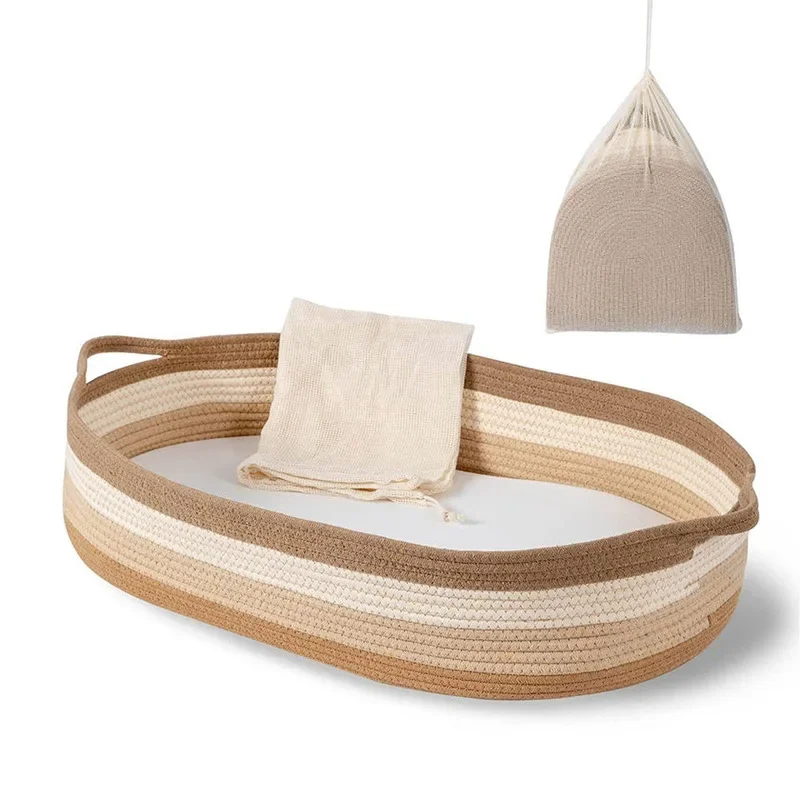Handmade Woven Baby Changing Basket with Cushioned Pad, Moses Basket for baby, Portable Carry Handles for Crib