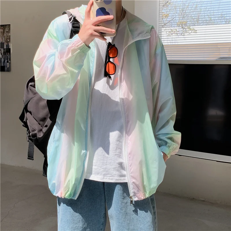 2024 Summer Thin Jacket Men Fashion Casual Color Hooded Jackets Mens Streetwear Hip-hop Loose Bomber Jacket Sunscreen Clothing