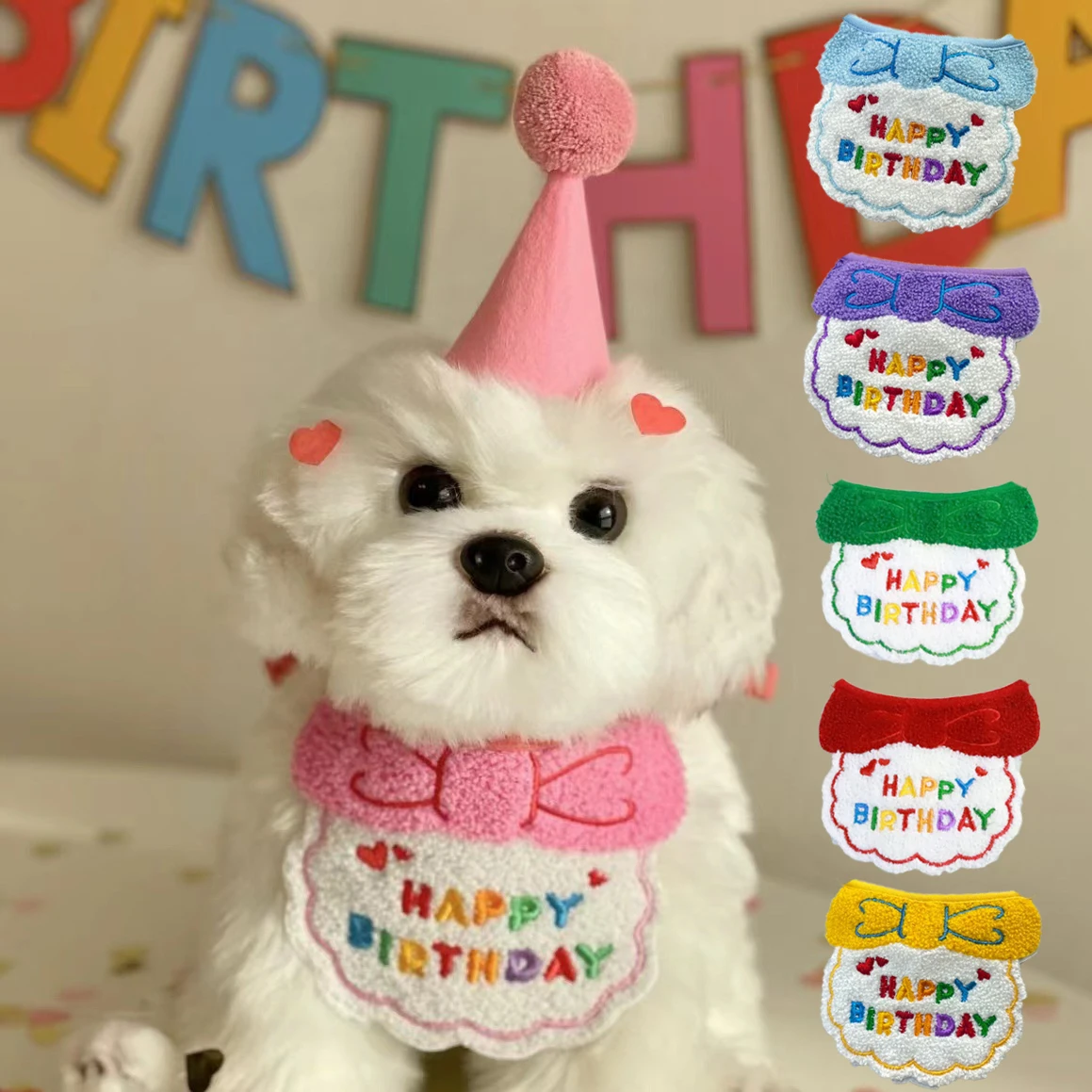 Set Dog Birthday Party Hat Bib Neckerchief Pet Saliva Pocket