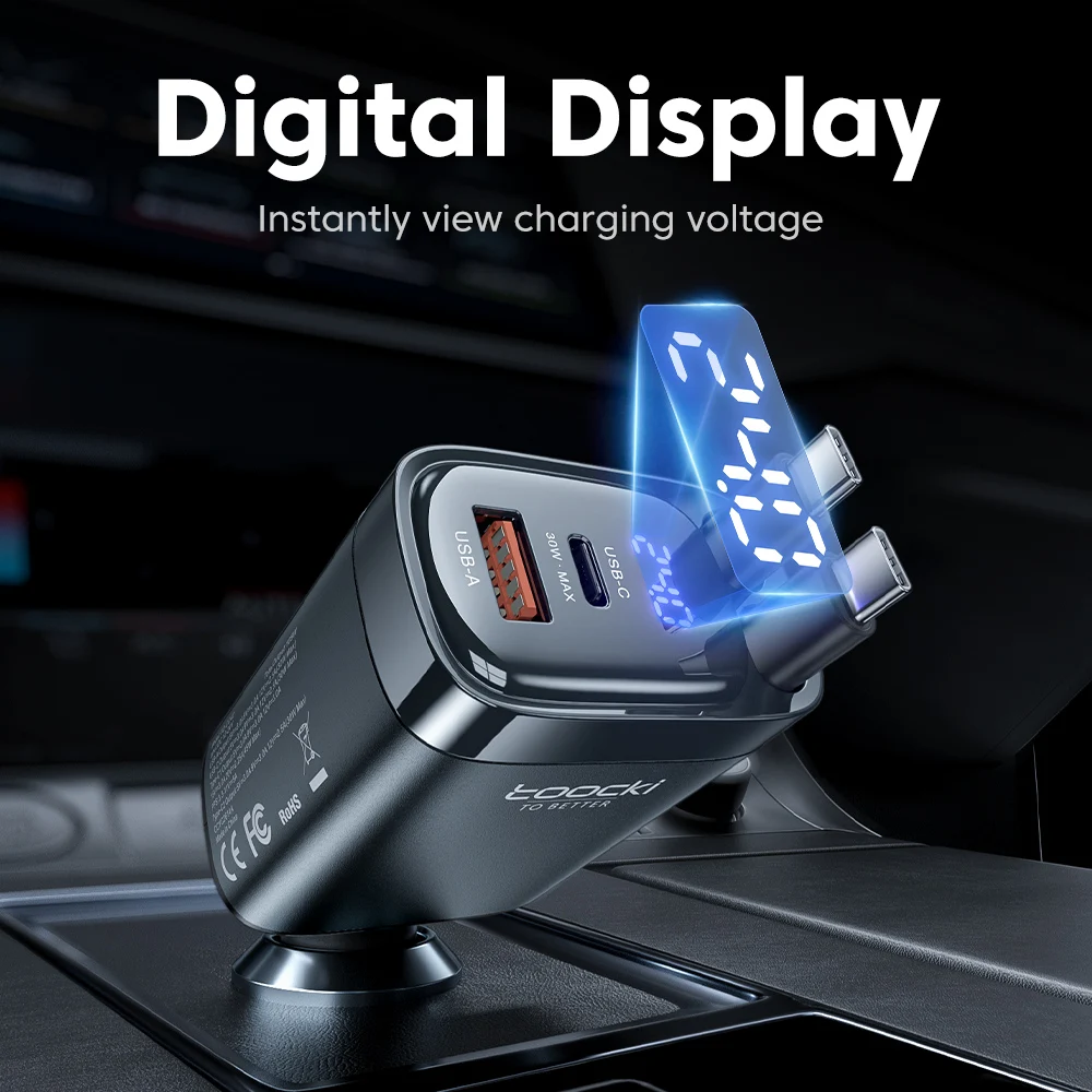 Toocki 4-in-1 Retractable 105W Fast Car Charger with Dual USB-C Ports and Digital Display