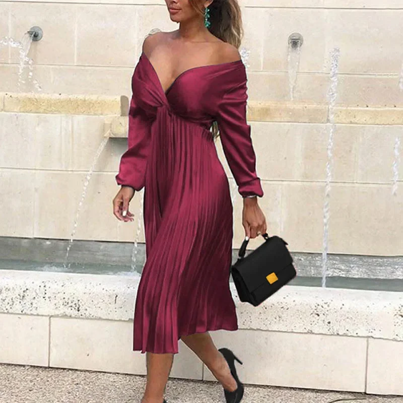 

Lady Autumn Sexy Off Shoulder Pleated Satin Dress Elegant Fit and Flare Long Sleeve Dress Women Mid-calf Party Dresses