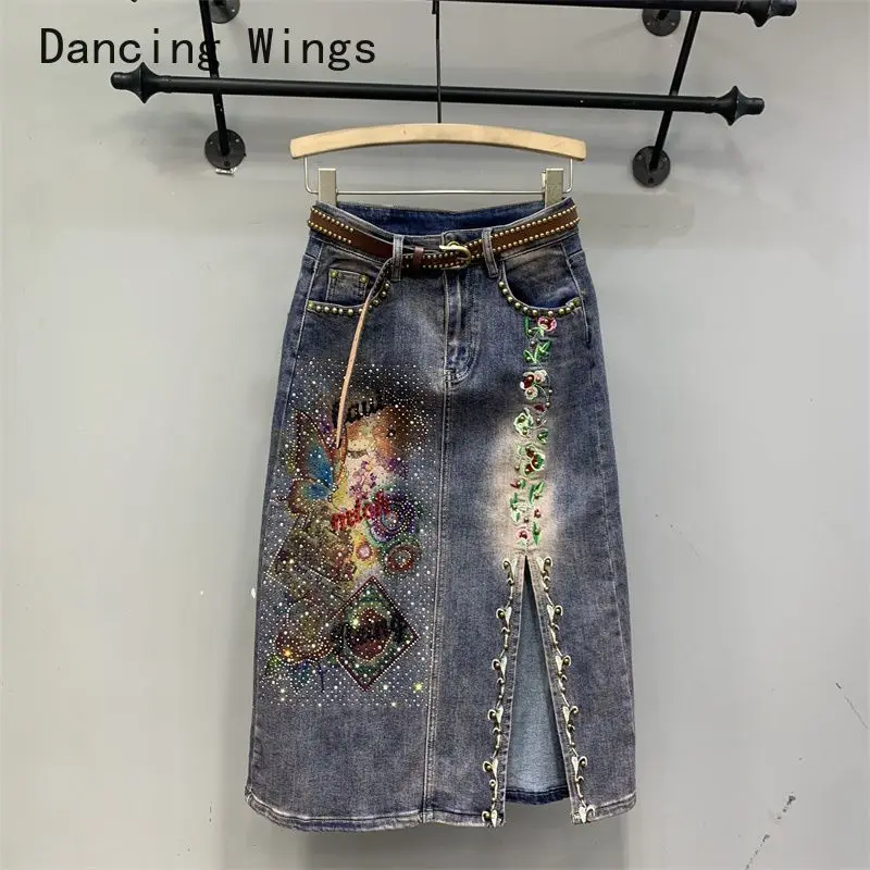 Spring Denim Floral Embroidery Long Women Vintage High Waist A-Line Dress Belt Streetwear