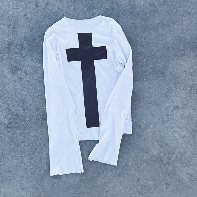 Harajuku Aesthetics Gothic Cross Print Punk Girls' Long Sleeve T-shirt Sexy and Unique Printed Casual Top Y2K Women's Street 1