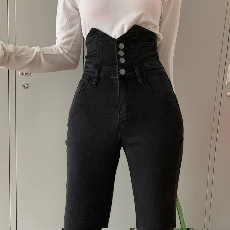fortryde Høj eksponering kristen Super High Waist Women's Jeans Buttons Design Skinny Vaqueros Slim Denim  Trousers Capris Korean Fashion Cowboy Pencil Pants Lady - AliExpress