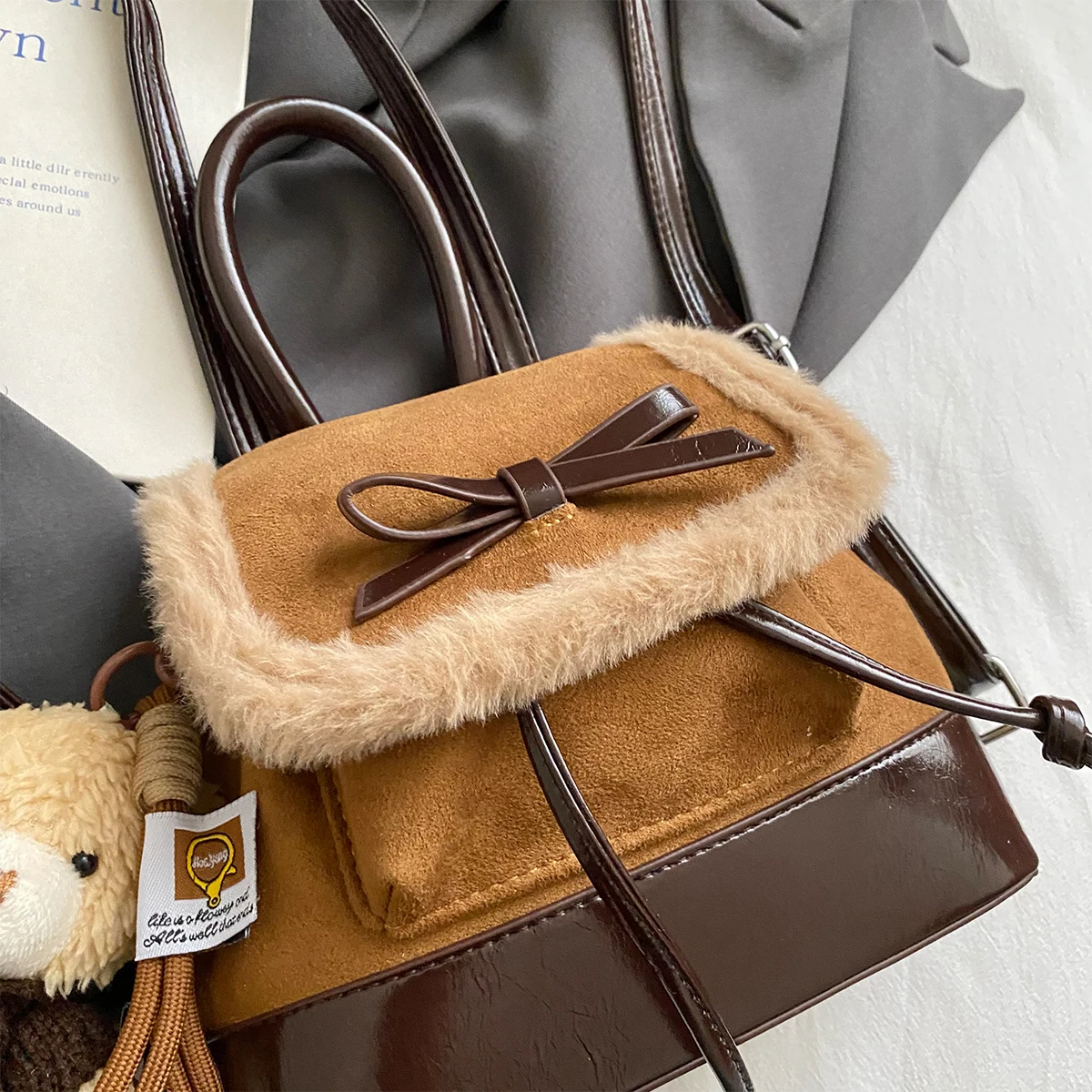 Suede Plush Backpack for Women, Fashionable Niche Design, Student Autumn and Winter School Bag, Korean Style, High-Value Travel Backpack for Shopping and Travel