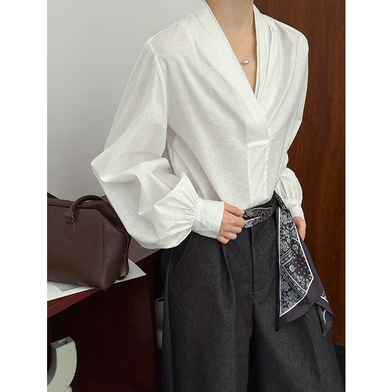 Women Casual White Color Blouses V-Neck Puff Sleeve Office Blouses Womens Tops And Blouses Fashion Shirts Blusas Roupa Feminina - 3