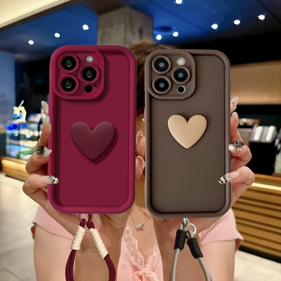 Cartoon 3D Love Heart Phone Case with Hand Strap and Lanyard