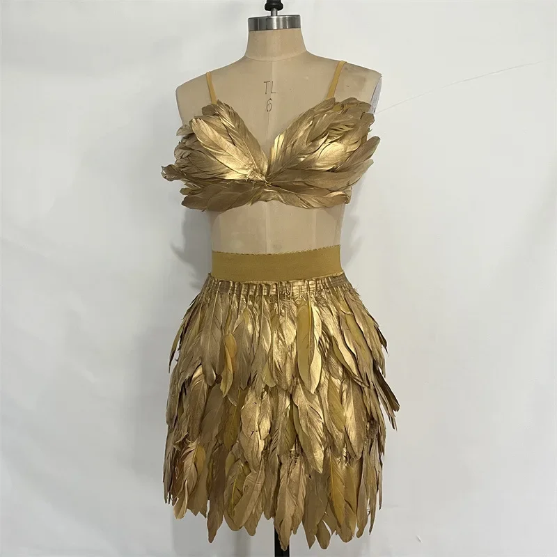 

Summer Gold Feather Bra Skirt Set Rave Clothes Stage Performance Outfit Show Party Gogo Dancer Costume Jazz Carnival Cosplay