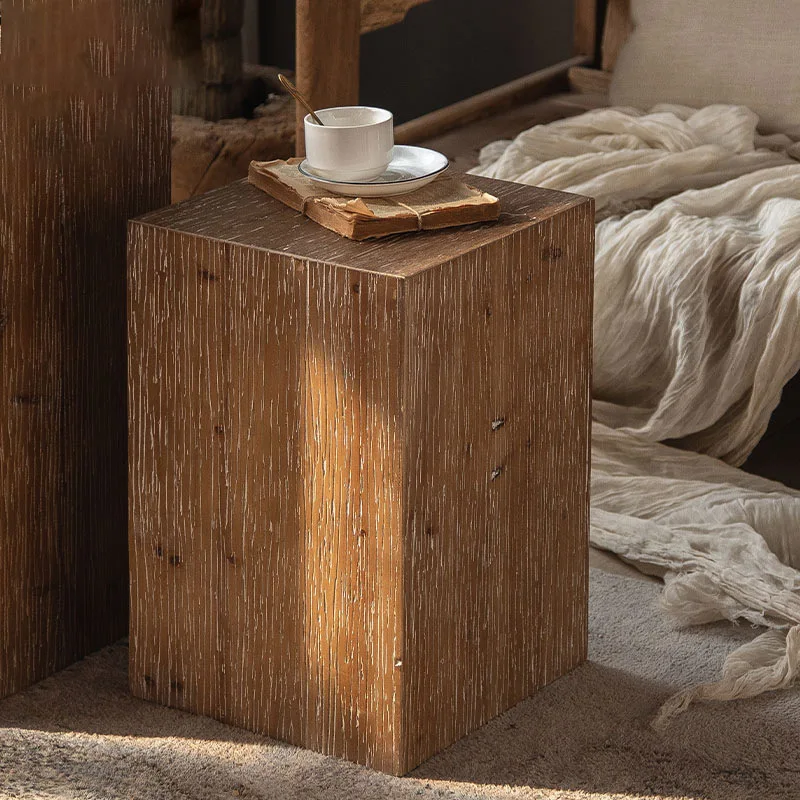 Retro Living Room Sofa Corner Table Solid Wood Small Square Table Wabi-sabi Style Coffee Wooden Pier Ornaments