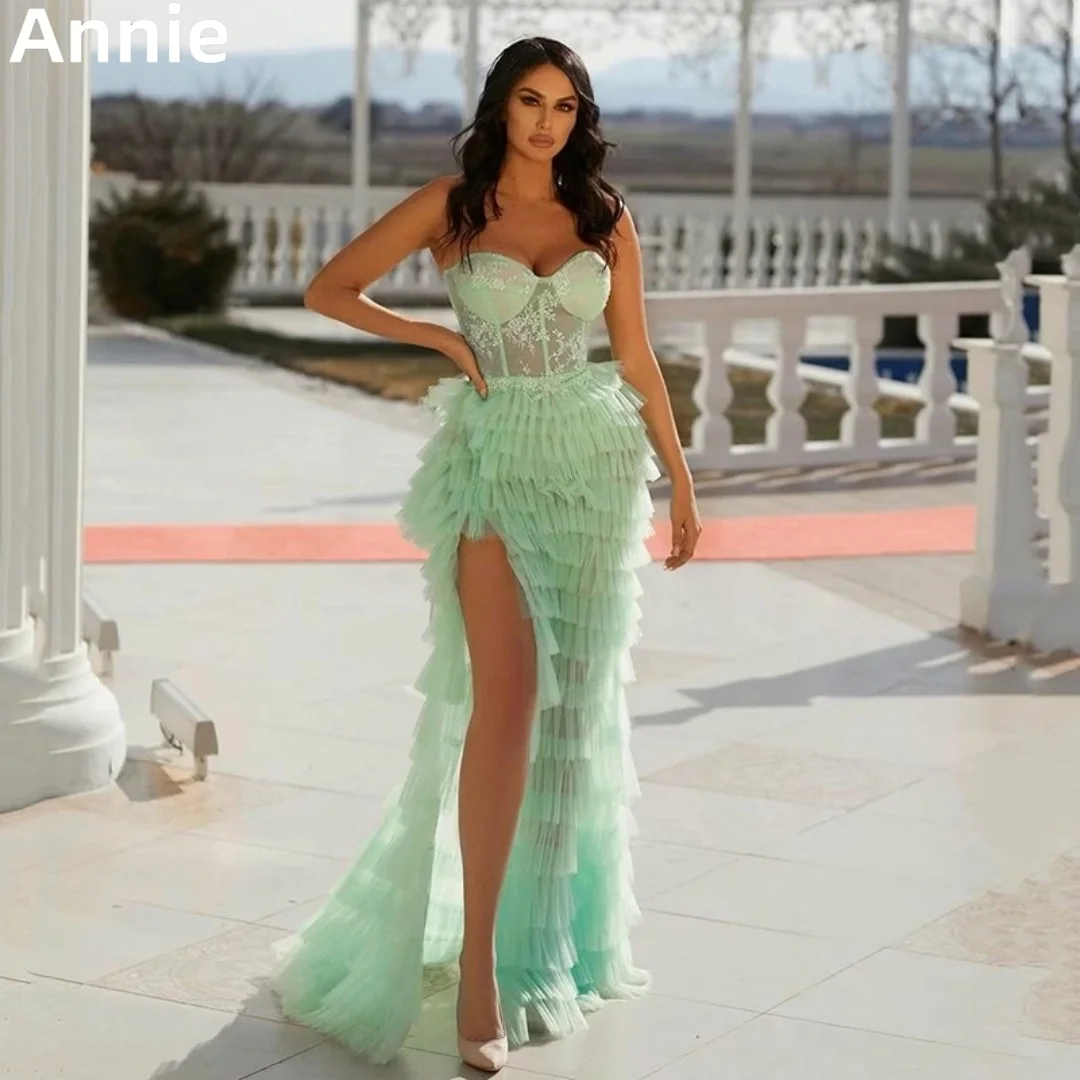 

Annie Sexy Strapless Side Slit Prom Dresses Princess Mint Green Evening Dress Vestidos De Fiesta Formal occasions Party Dress