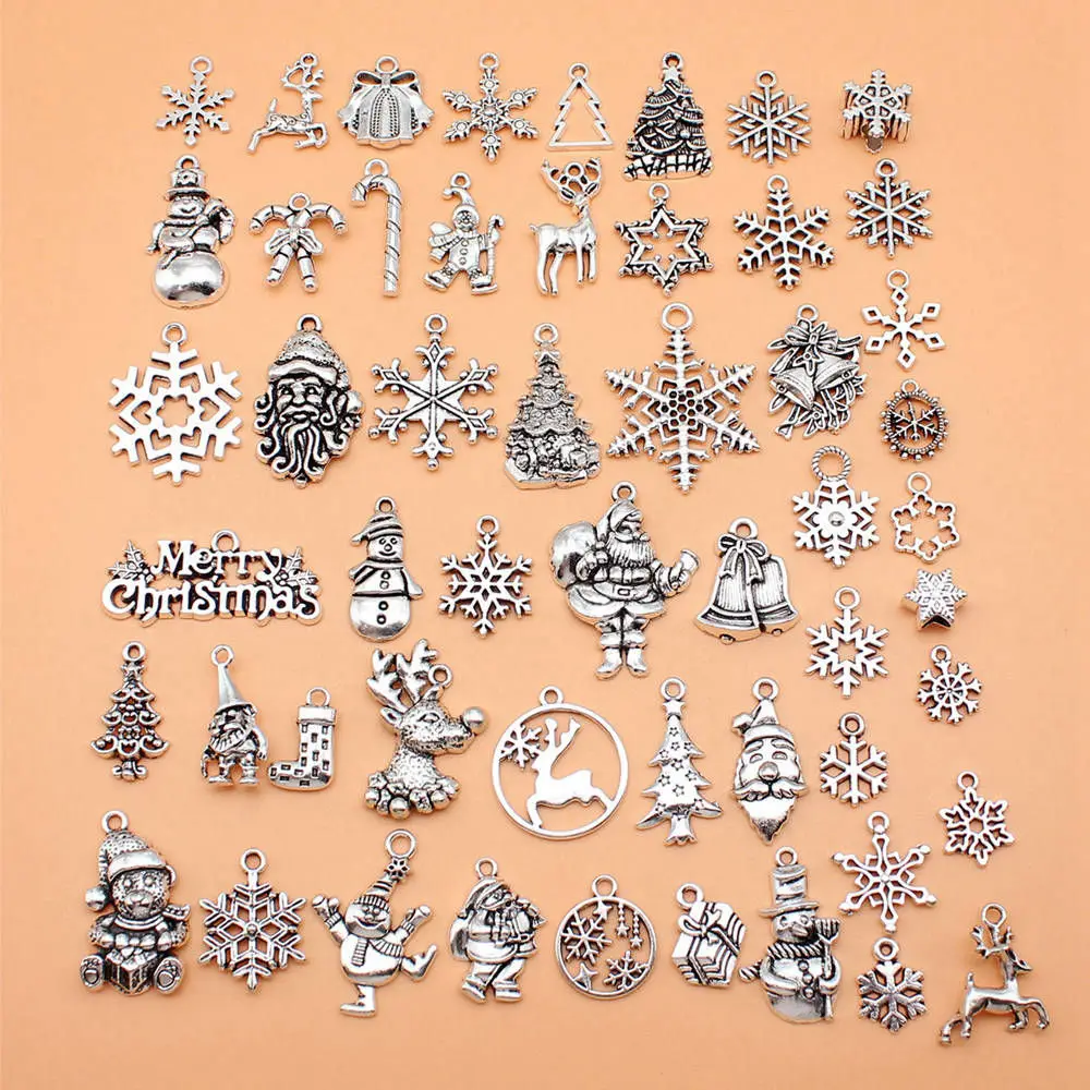 

53pcs/lot Christmas Snowflakes Elk Snowman Santa Claus Christmas Tree Charms Collection For Jewelry Making Car Accessories