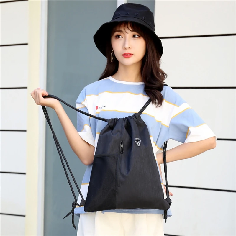 Portable Drawstring Backpack Bag Sport Gym Daypack with Pockets Earphone Hole for Swimming School Bags Shopping Pack