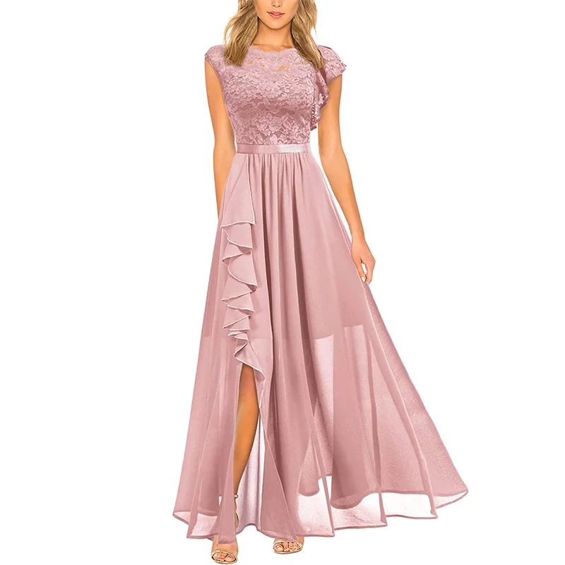 

Ruffle Sleeves Floral Wedding Guest Dresses O-neck Lace Chiffon Bridesmaids Dress Semi-formal Gown