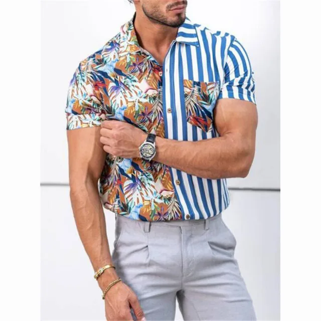 Men's Shirts Summer Fashion Trend Striped Floral Contrast Splicing Printed Hawaiian Beach Holiday Casual Short Sleeve Shirts Photo Color