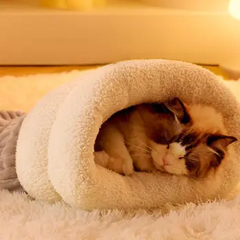 Cat Sleeping Bag Semi-Enclosed Pet Sleeping Bed Three-Layer Dog Bed For Camping Warming Pad Sack Comfortable For Cats Small Dog 4