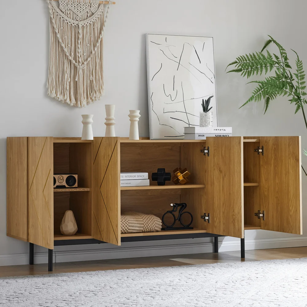 PINGGO Modernes Sideboard Wohnzimmer 4 Türen Metalleinlage Buffet Schrank Vielseitig Naturholz 78x160x40cm – Detail 10