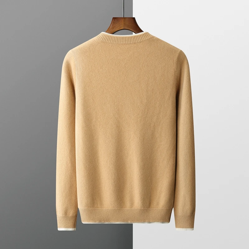 100% Pure Wool Sweater Men's Round Neck Color Contrast Top Autumn and Winter Knitted Thickened Thermal Pullover Two Fake Pieces