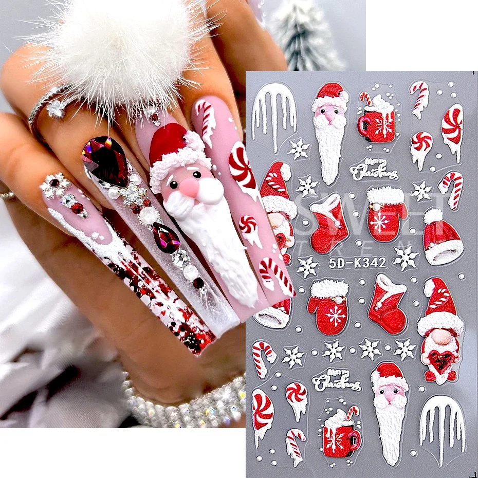 5D Realistic Relief Santa Claus Nail Stickers Snowflakes Christmas tree Elk Stars Self-Adhesive Nail Decals Manicure Decoration