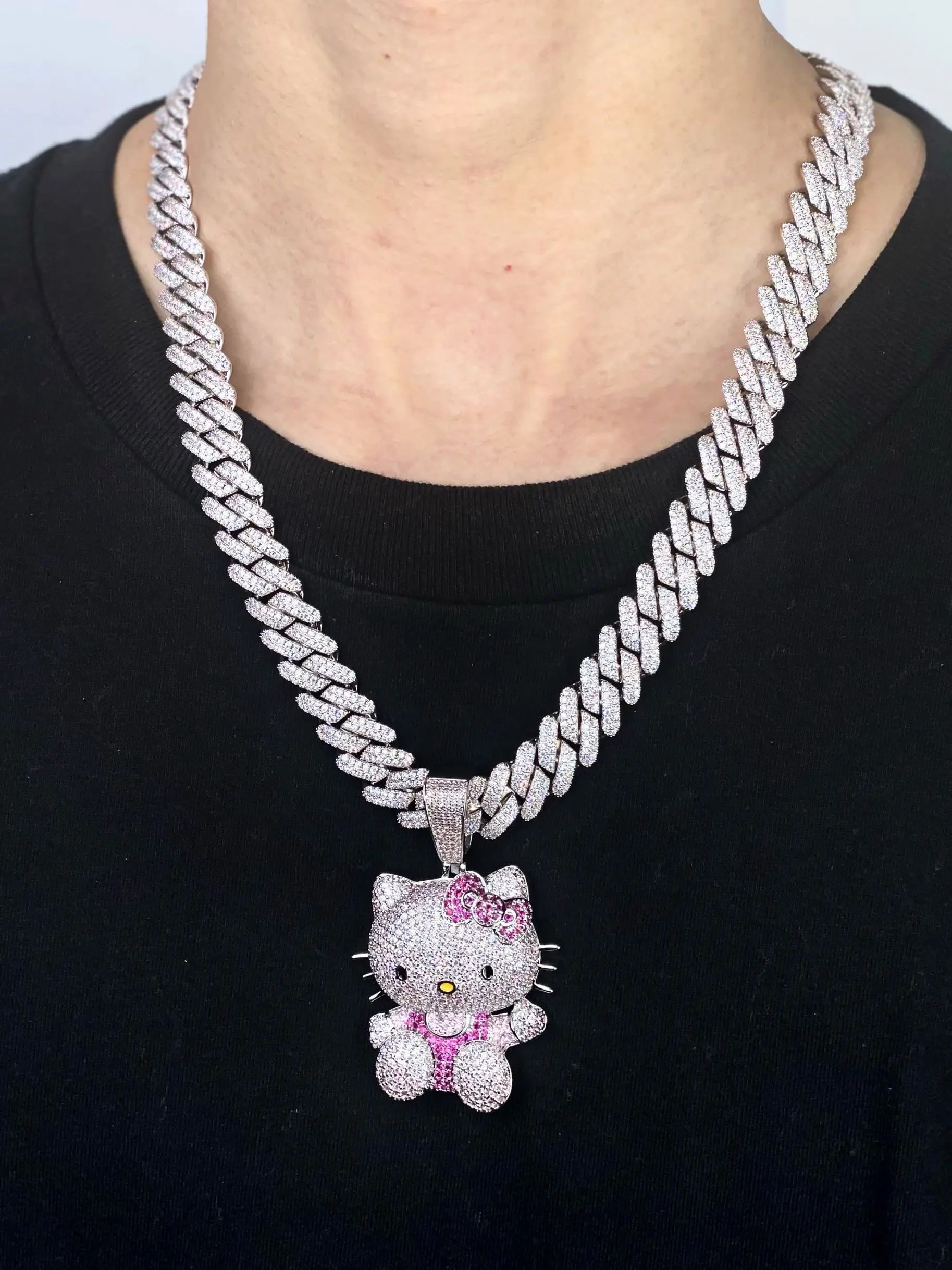 Hello Kitty Pendant Necklace Rhinestone Crystal Clear Pink Silver T 3D New  627 | eBay