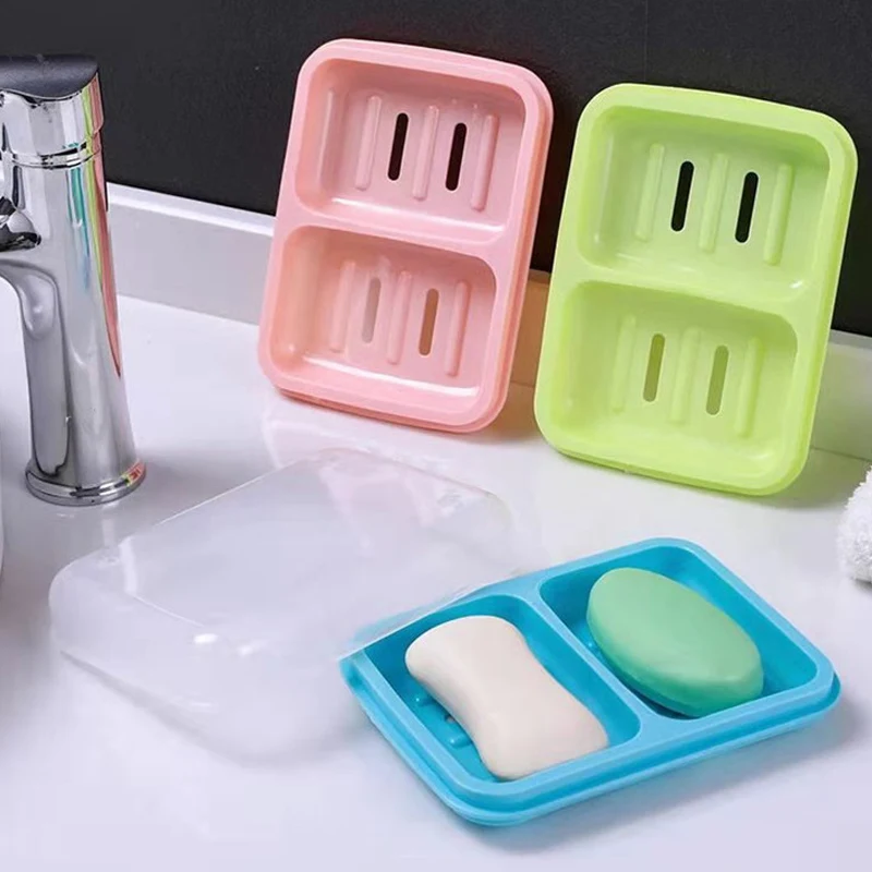 Double Grid Soap Dish with Lid Creative Portable Soap Box Drain Soap Storage Case Bathroom Accessories
