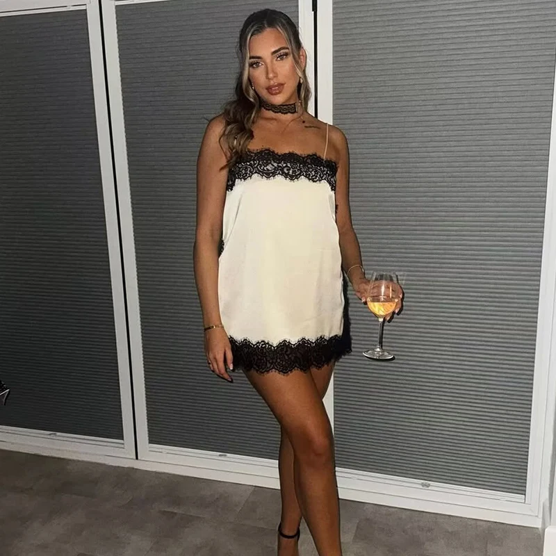 Elegant Sexy Lace Splice Satin Tops for Women Sleeveless Backless Beach Chic Tops Cropped Camisole Christmas Evening Party Tops