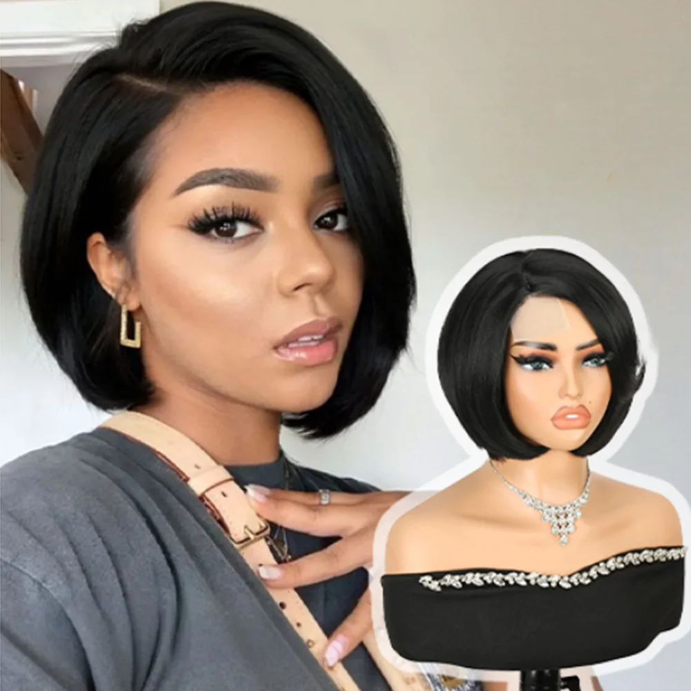 220% Density Bone Straight Bob Wig Brazilian Human Hair Ready To Wear 13x4 Lace Front Wigs Black Bob Wigs for Women 8-14 Inches 1
