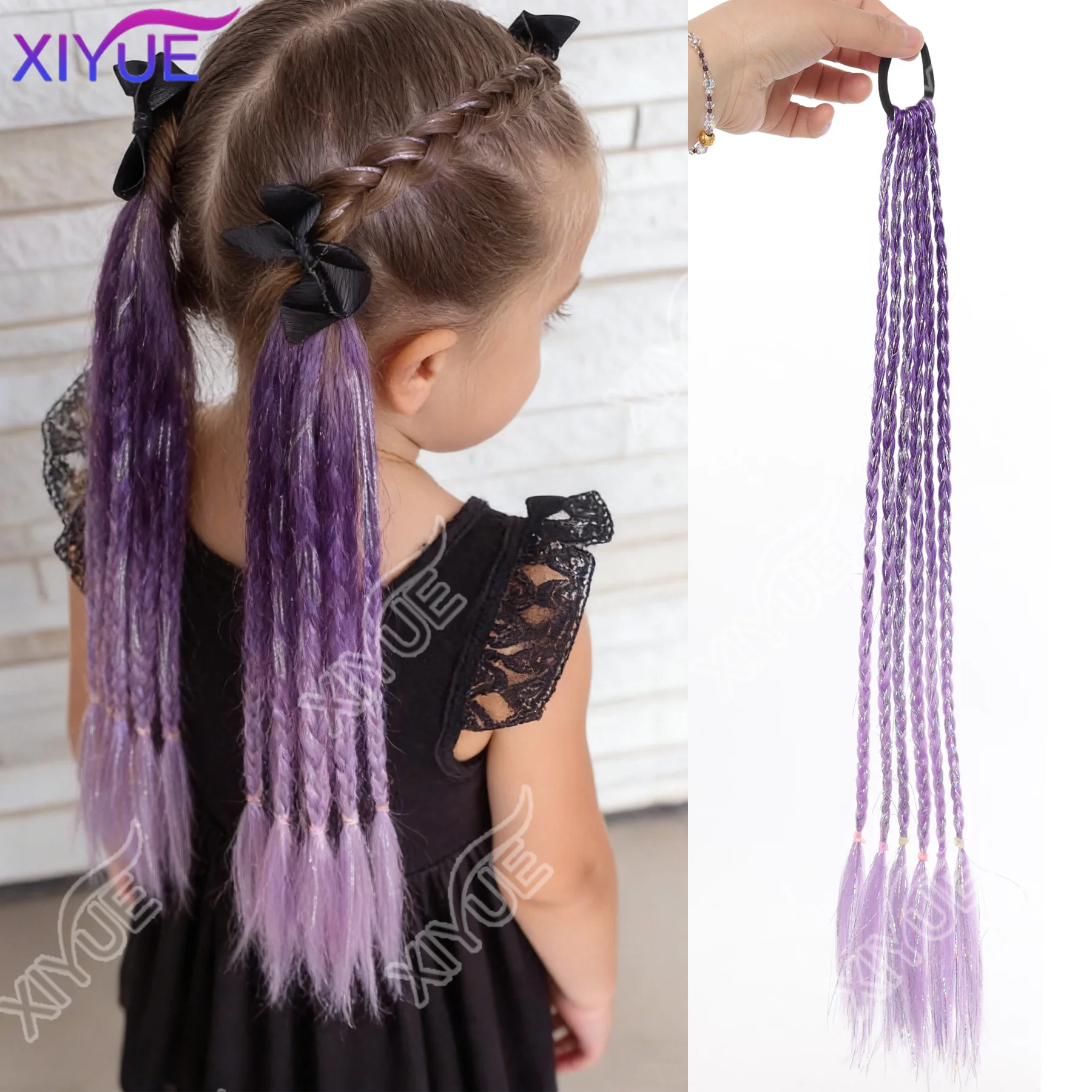XIYUE 걸스 합성 퍼플 옴브레 브레이드 헤어 익스텐션 고무 밴드, 다크&라..