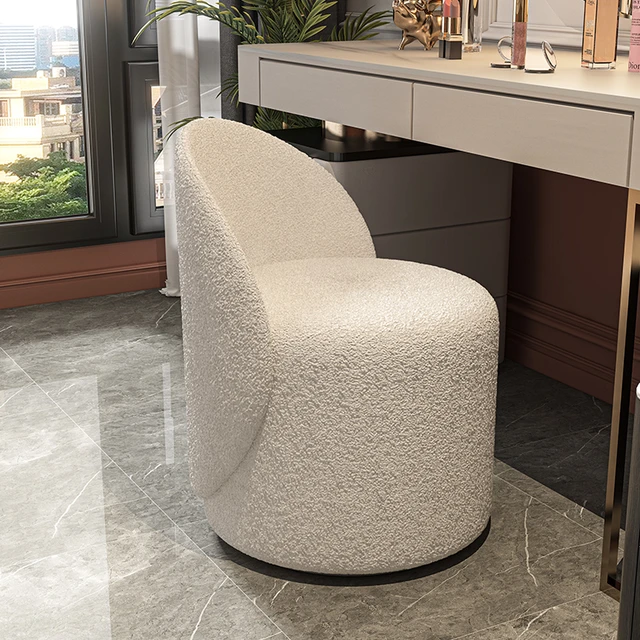 Taburete de tocador Boucle blanco moderno con asiento redondo y respaldo  para dormitorio