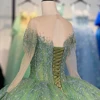 Green Quinceanera Dresses Organza Long Sleeves Flowers Evening Dresses Pearls Lace Vestidos De Fiesta Customized 1320 4