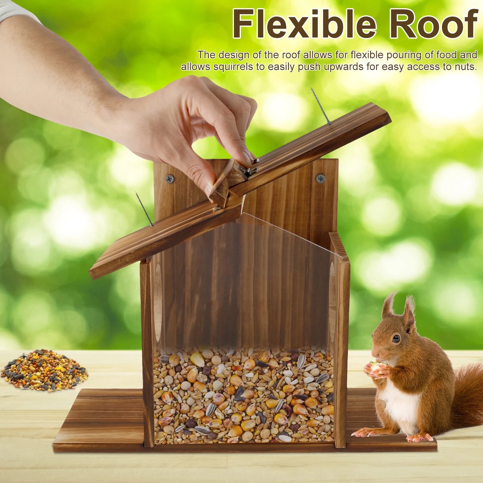 Wooden Squirrel Feeder Bird Feeder Outdoor Garden Creative Pet Dining Table with Roof Squirrel Feeding Stations for Corn Peanuts