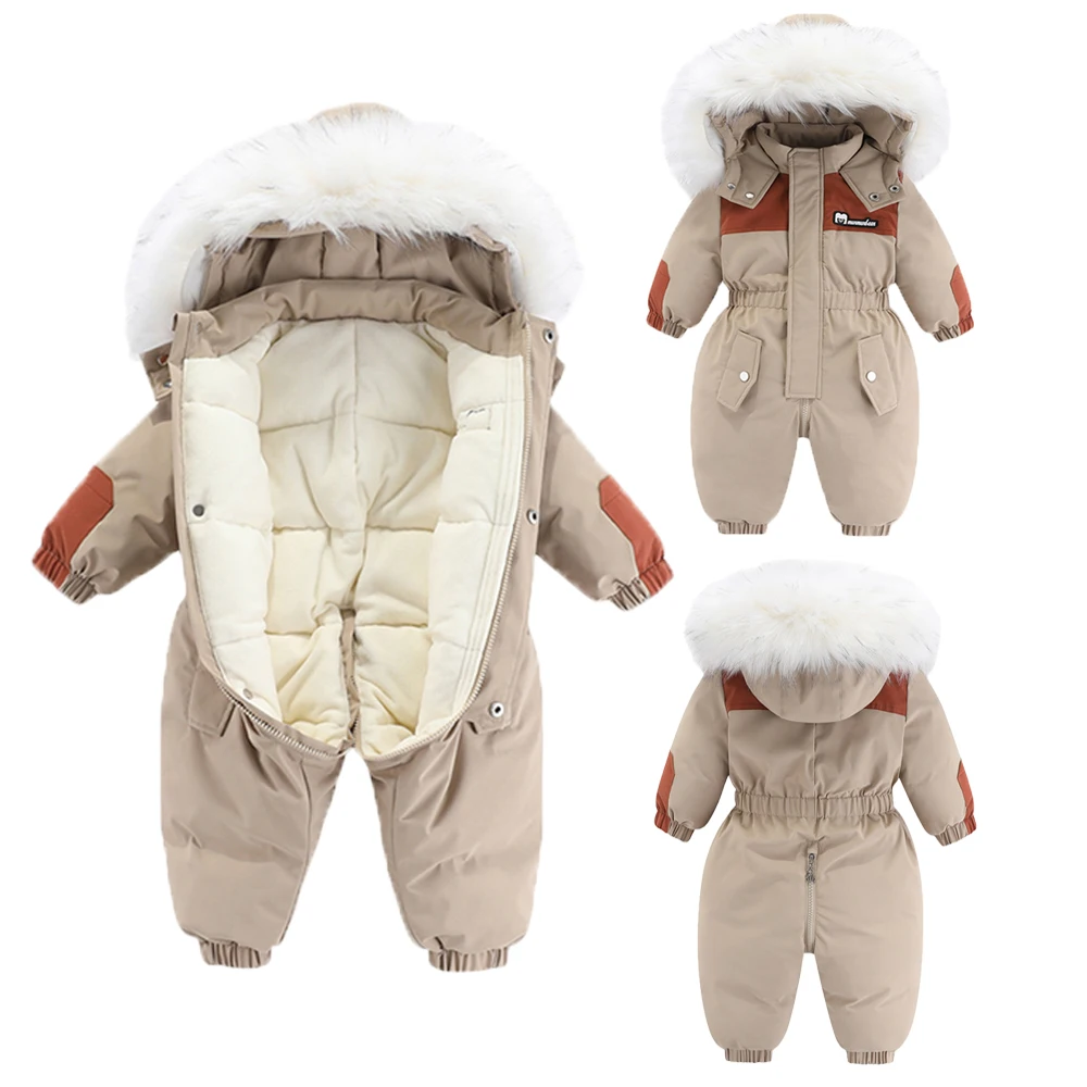 

2023Winter Baby Jumpsuit Boy Thicken Lined Fleece Overalls Hooded Jackets Kids Ski Suits Girl Children Snowsuits Coats Outerwear