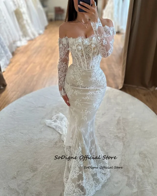 SoDigne Mermaid Lace Wedding Dresses Off Shoulder Long Sleeves Bridal Dress Boho Wedding Gown Robe De Mairee Customized 10 Sda27780810d34be39804b456e1fa9f1dp