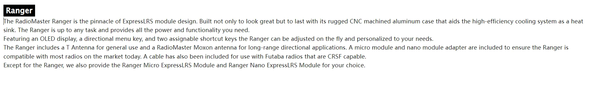 RadioMaster RANGER ELRS, Featuring an OLED display, a directional menu key, and two assignable shortcut