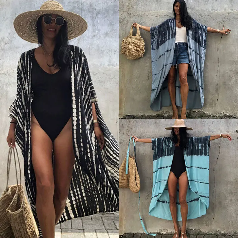 수영복 여성을위한 비치 커버 업 블랙 타이 염색 기모노 수영복 케이프 여름 드레스 2023 Beachwear 복장 판매