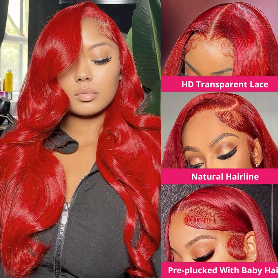 200 Density Red 13x6 HD Lace Frontal Wig Transparent Brazilian 30 36 40 Inch 13x4 Body Wave Lace Front Human Hair Wig For Women