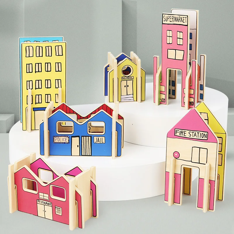 Waldorf Houses Game Wooden Village Construction Town Building Blocks 3D Architectural Puzzle Set For Kids