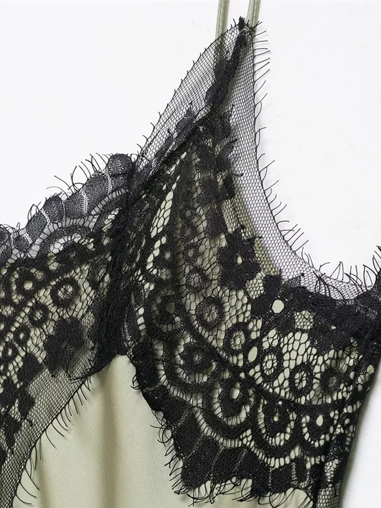 Spitzen-Patchwork-Kleid mit hohem Schlitz, langes Slip-Kleid für Damen, sexy Spaghettiträger, V-Ausschnitt, ärmellos, schmal geschnitten, Party- und Abendkleid, Frühlingskleid – Detail 5