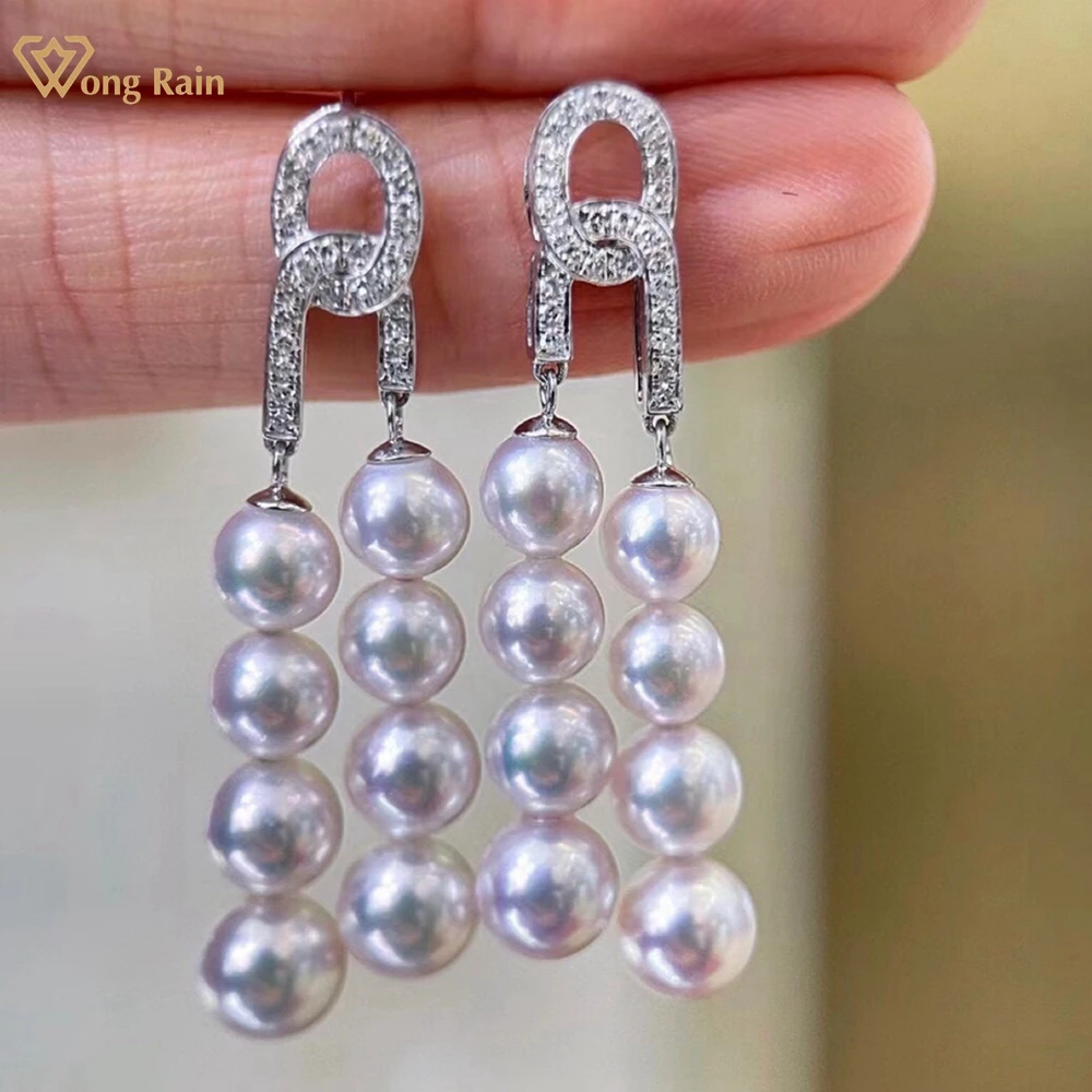 Wong Rain Elegant 925 Sterling Silver 6-9 MM Natural Pearl High Carbon Diamond Gemstone Drop Earrings Customized Fine Jewelry