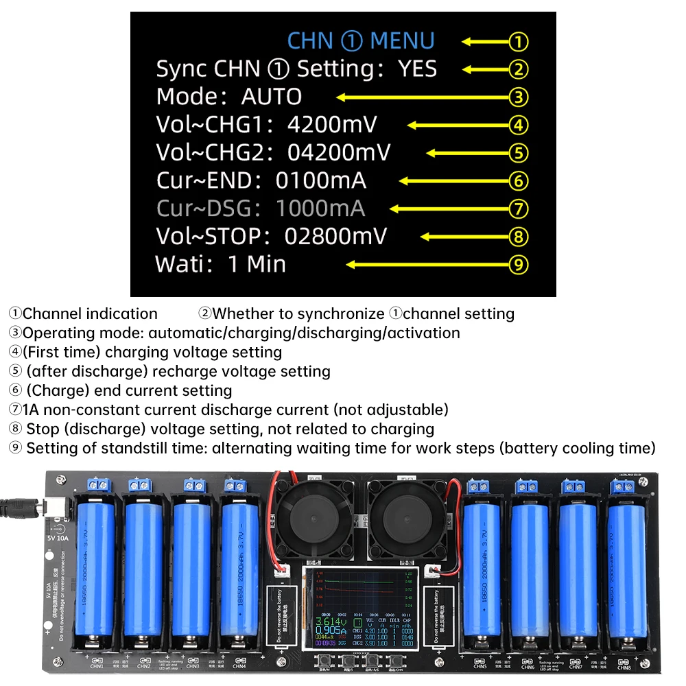 8 Channel 18650 Battery Capacity Internal Resistance Tester DC 5V 10A Automatic Charging and Discharging Module 2.4 Inch Screen 2