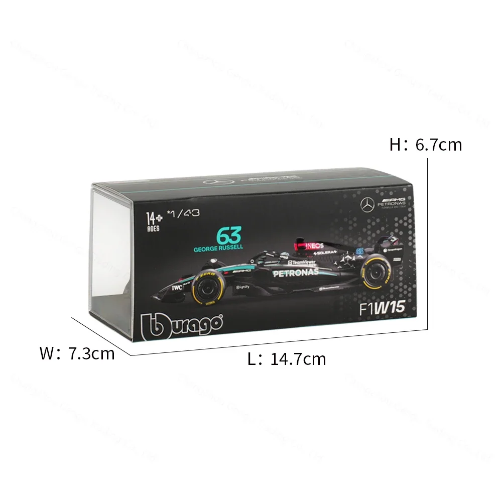 Bburago 1:43 2024 Mercedes AMG W15 E Performance Static Simulation Diecast Alloy Model F1 Racing Formula Car Acrylic Box 3