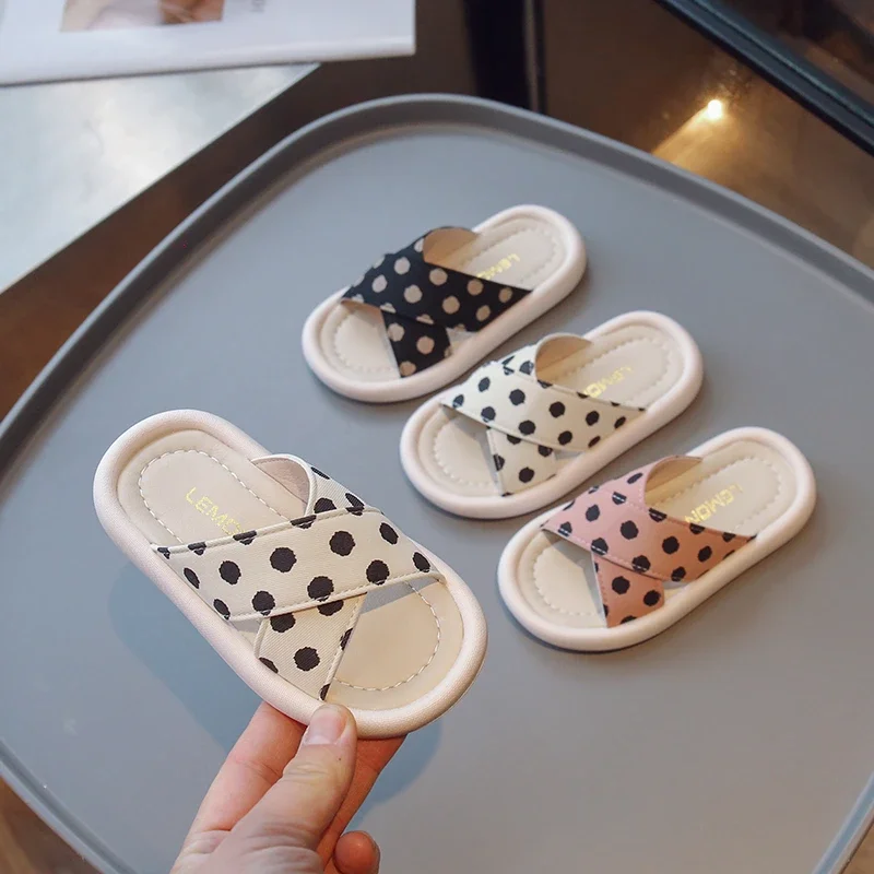 Girls Polka Dot Summer Slippers Kids Open Toe Flat Shoes