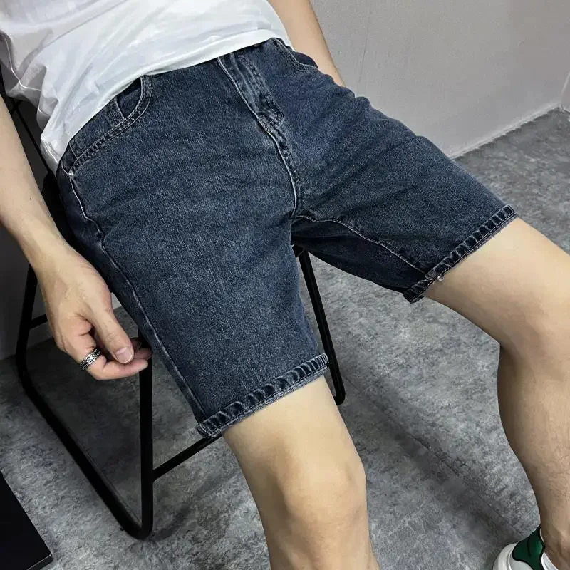 thumbnail image 1 of Pantalones vaqueros cortos para hombre, ajustados, rectos, ajustados, ajustados, de mezclilla para hombre, elásticos, azules, finos, con botones en oferta, ropa de calle, moda Y2k, popular, XL, 1 of 5
