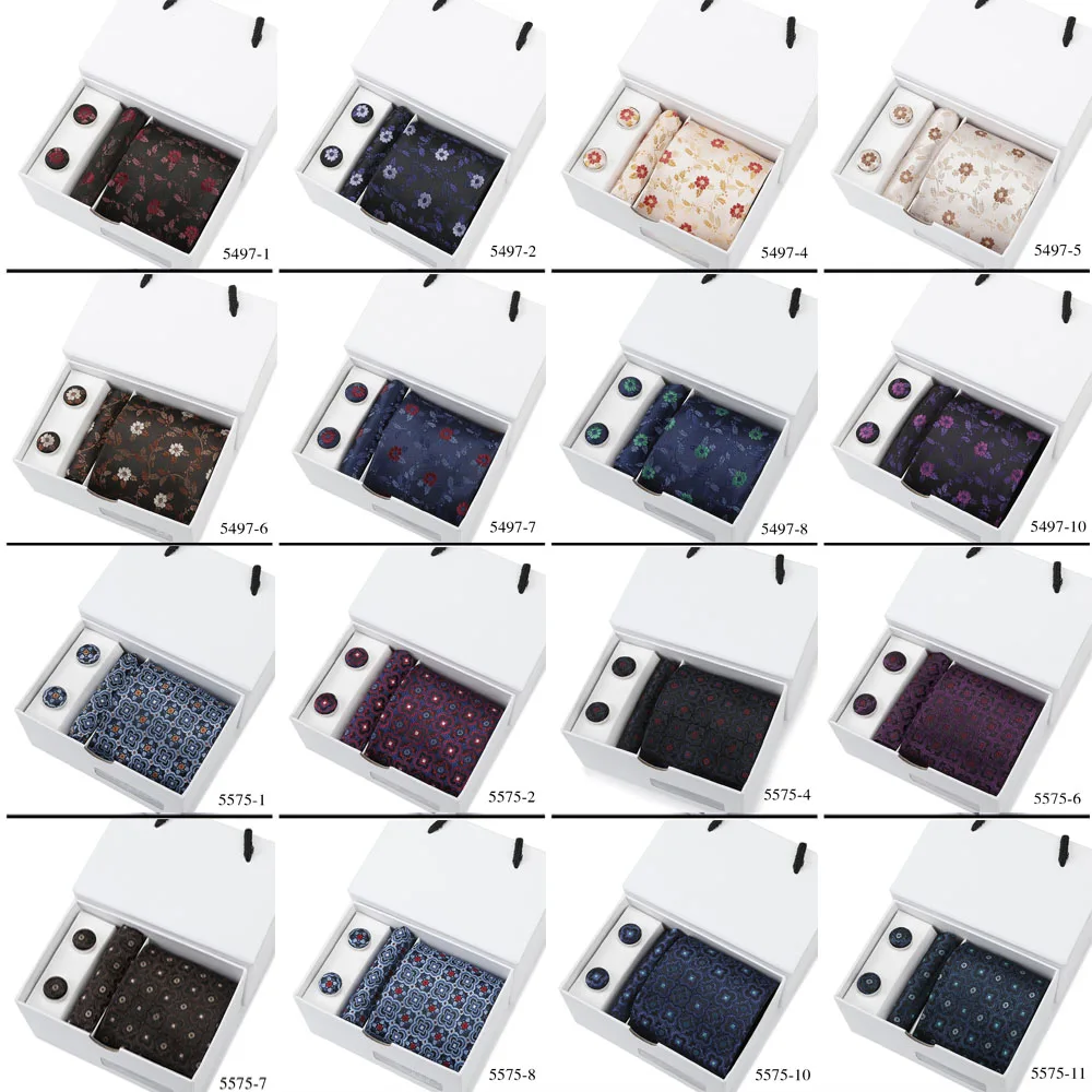 Bussiness Krawatten Sets Für Männer Plaid Blau Drucken Krawatten Manschettenknöpfe Taschentücher Hochzeit Bluse Zubehör Weiß Geschenk Box Anzug – Detail 3