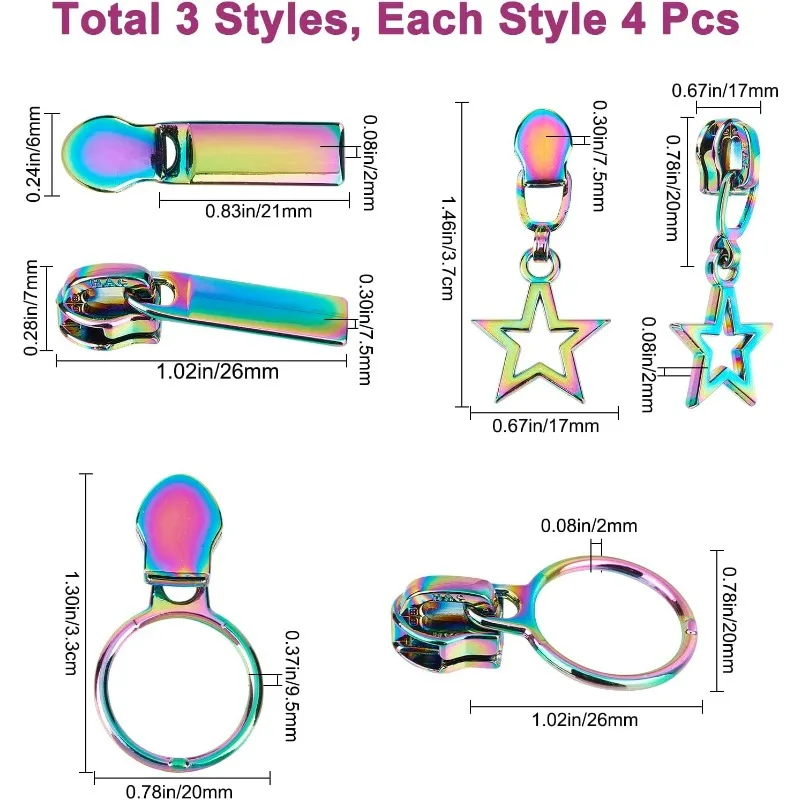 12PCS Rainbow Zipper Pulls Sliders Auto Lock Zipper Pull Colorful Star Round Metal Replacement Repair Kit Bulk Teeth Head