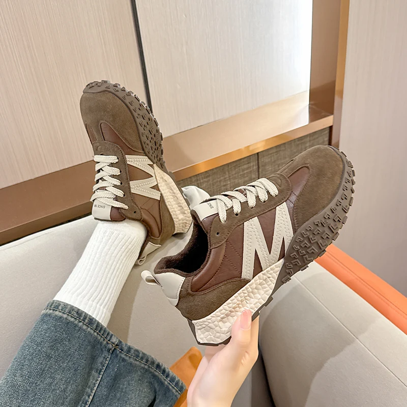 AUTUSPIN Winter Retro Vulcanized Shoes Women Suede Leather Lightweight Sneakers Leisure Outdoor Thick Soled Female Warm Shoes 4